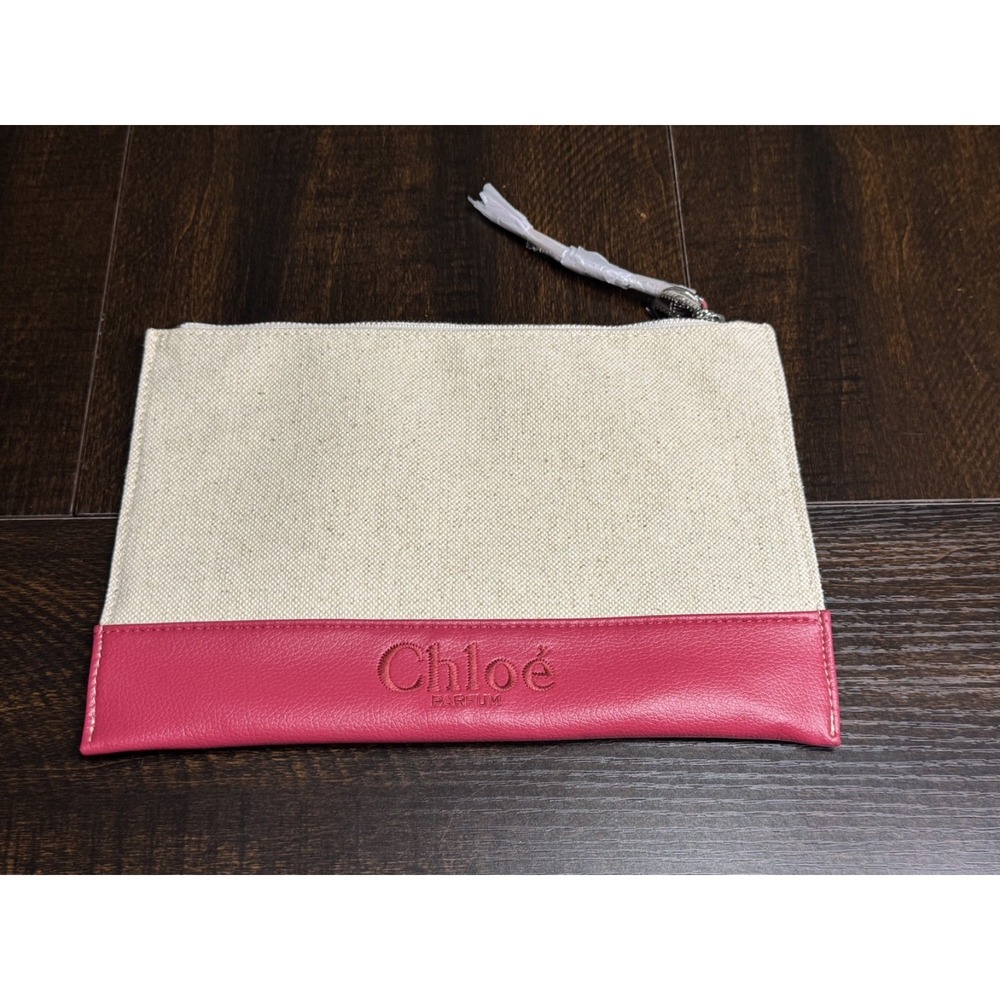Chloe Parfum Cosmetic Zippered Pouch Beige Pink Canvas Makeup Bag Travel Clutch